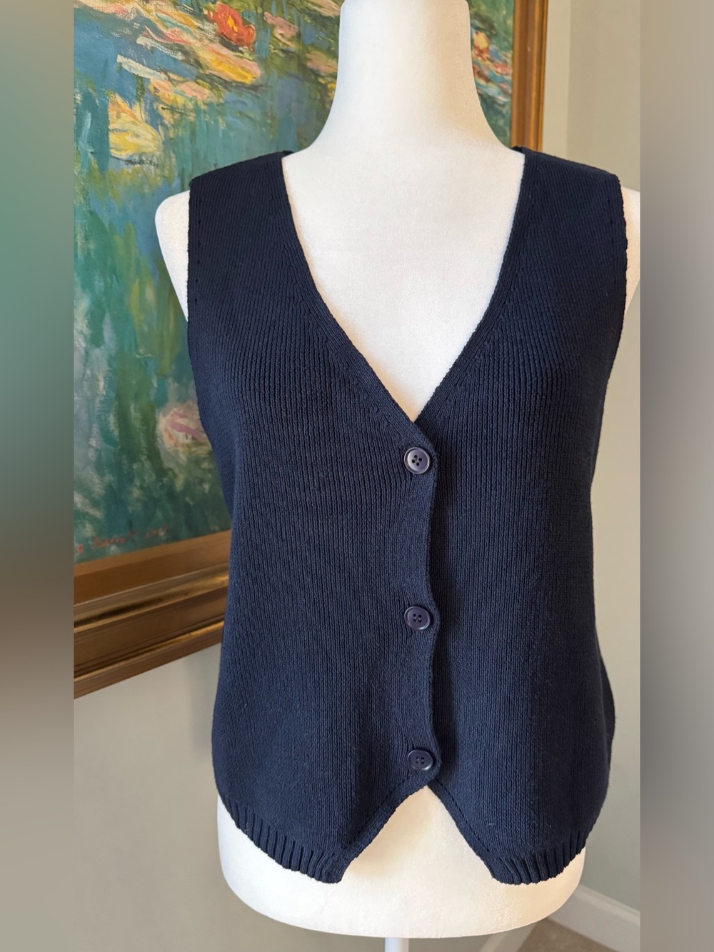 NVLT Navy Cotton Ribbed Front Button V Neck Sweater Vest Size M